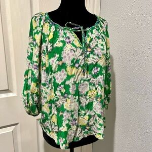 Rebecca Taylor Size 2 100% Silk Blouse Top Floral Print Green Yellow 3/4 Sleeve